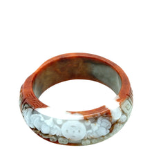 Burmese Red & White Jadeite Carved Bat & Coins & Double Happiness Asymmetrical Comfort Fit Bangle