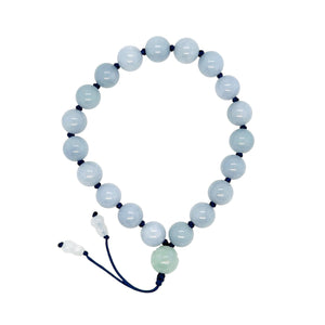 8mm Burmese Blue Jadeite w/Lotus & Gourds Mala Silk Bracelet
