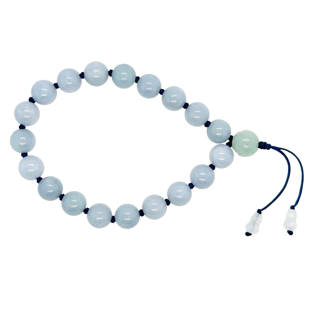 8mm Burmese Blue Jadeite w/Lotus & Gourds Mala Silk Bracelet