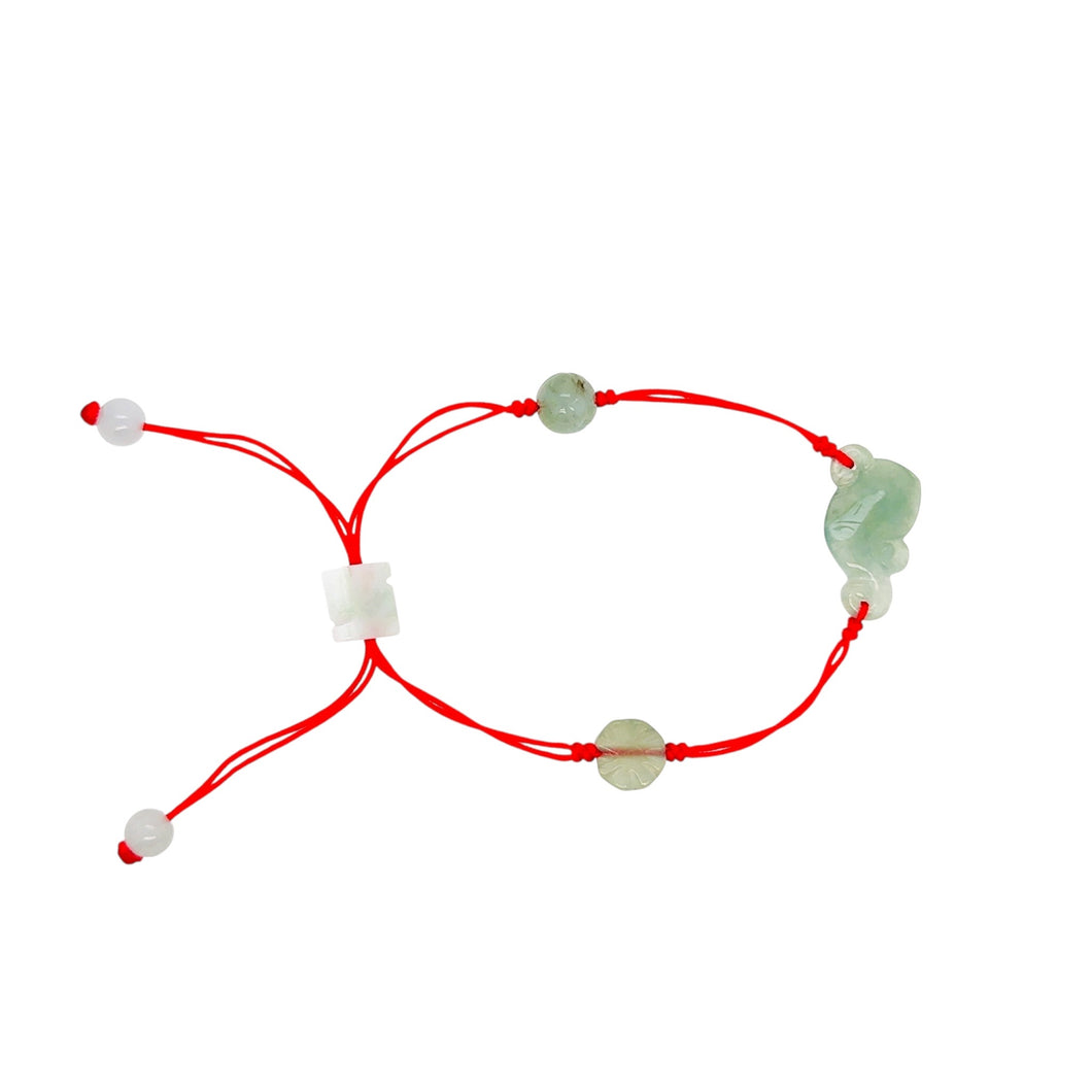 Burmese Jadeite Ruyi, Lotus, Baqua, Buddha's Heart Four Point Blessings Silk Bracelet