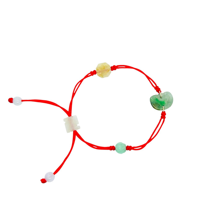 Burmese Jadeite Ruyi, Lotus, Baqua, Buddha's Heart Four Point Blessings Silk Bracelet