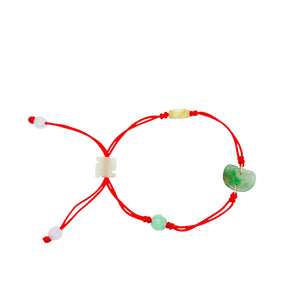 Burmese Jadeite Ruyi, Lotus, Baqua, Buddha's Heart Four Point Blessings Silk Bracelet
