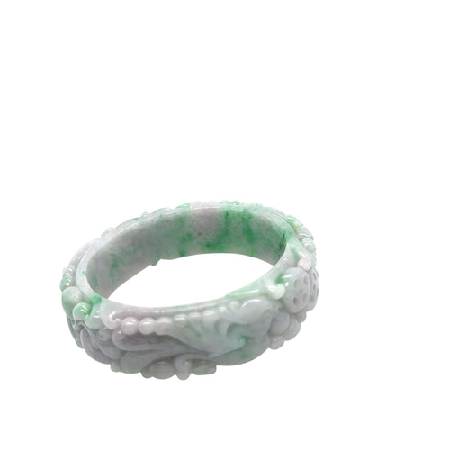 Burmese Green & Lavender Jadeite Carved Storyboard Comfort Fit Bangle