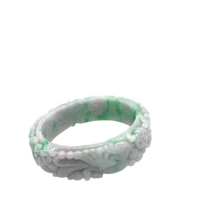 Burmese Green & Lavender Jadeite Carved Storyboard Comfort Fit Bangle
