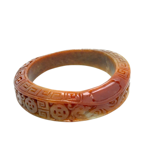 Burmese Red Jadeite Carved Phoenix, Gold Coins & Double Happiness Asymmetrical Comfort Fit Bangle