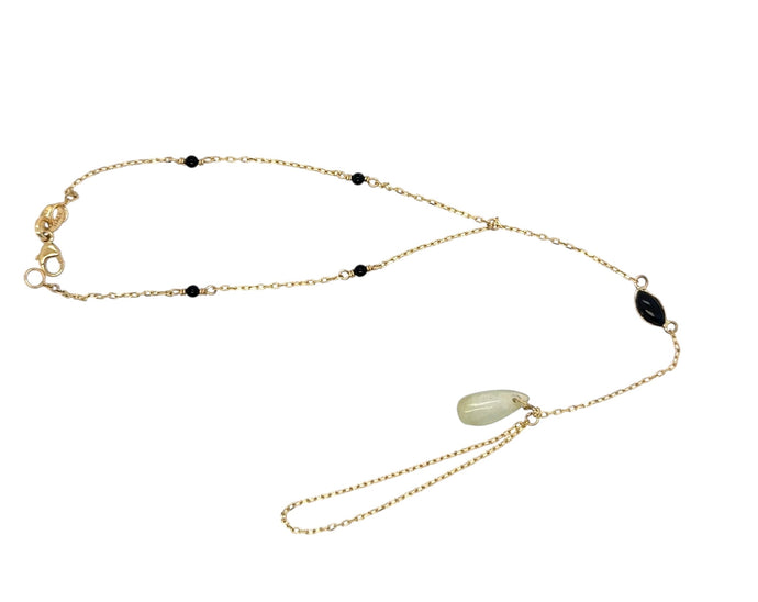 14kt YG Burmese Black Jadeite & Icy Jadeite Raindrop of Happiness Hand Wristlet