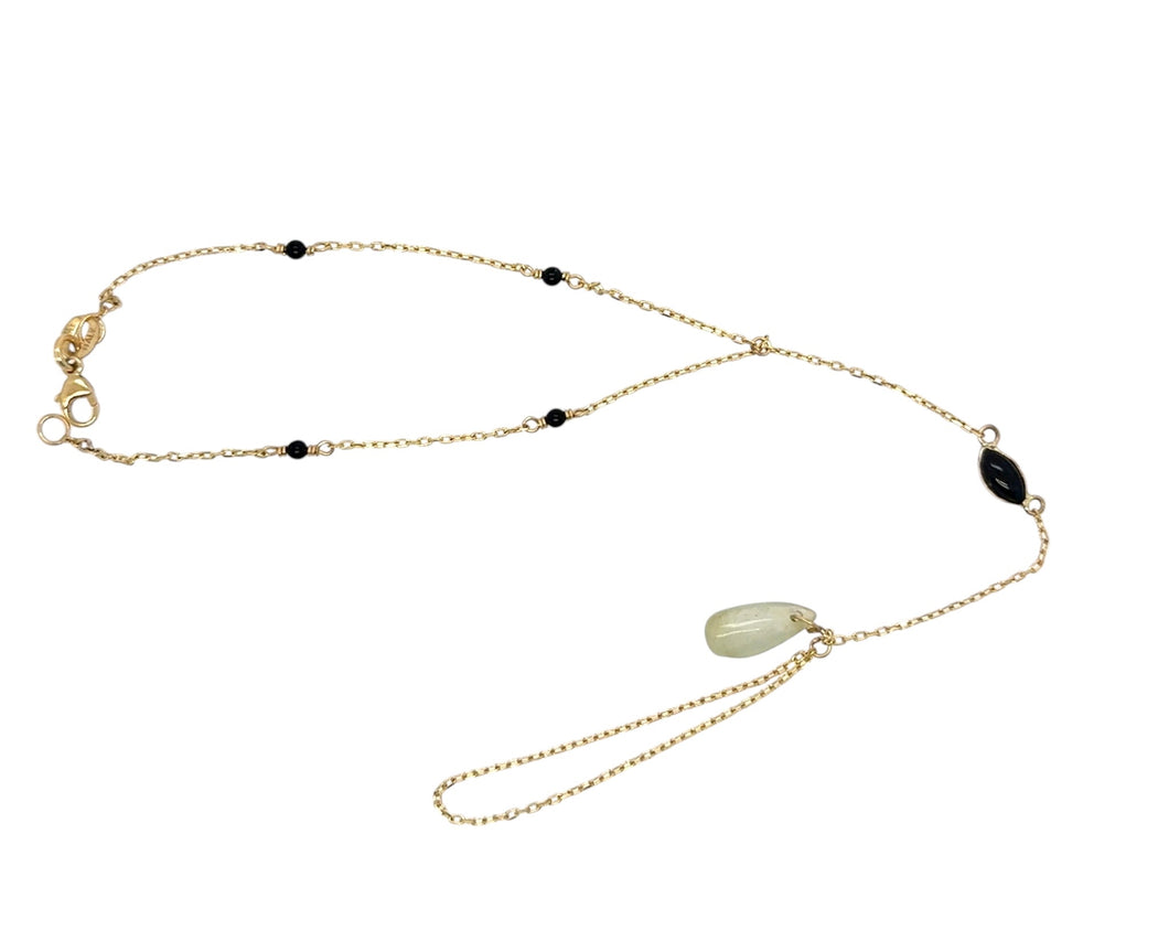 14kt YG Burmese Black Jadeite & Icy Jadeite Raindrop of Happiness Hand Wristlet