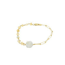 14kt YG Paper Clip Chain, Burmese Jadeite Plum Blossom & Fire Opal Bracelet