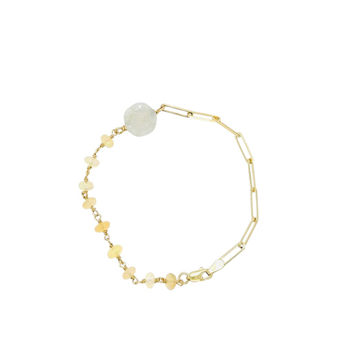 14kt YG Paper Clip Chain, Burmese Jadeite Plum Blossom & Fire Opal Bracelet