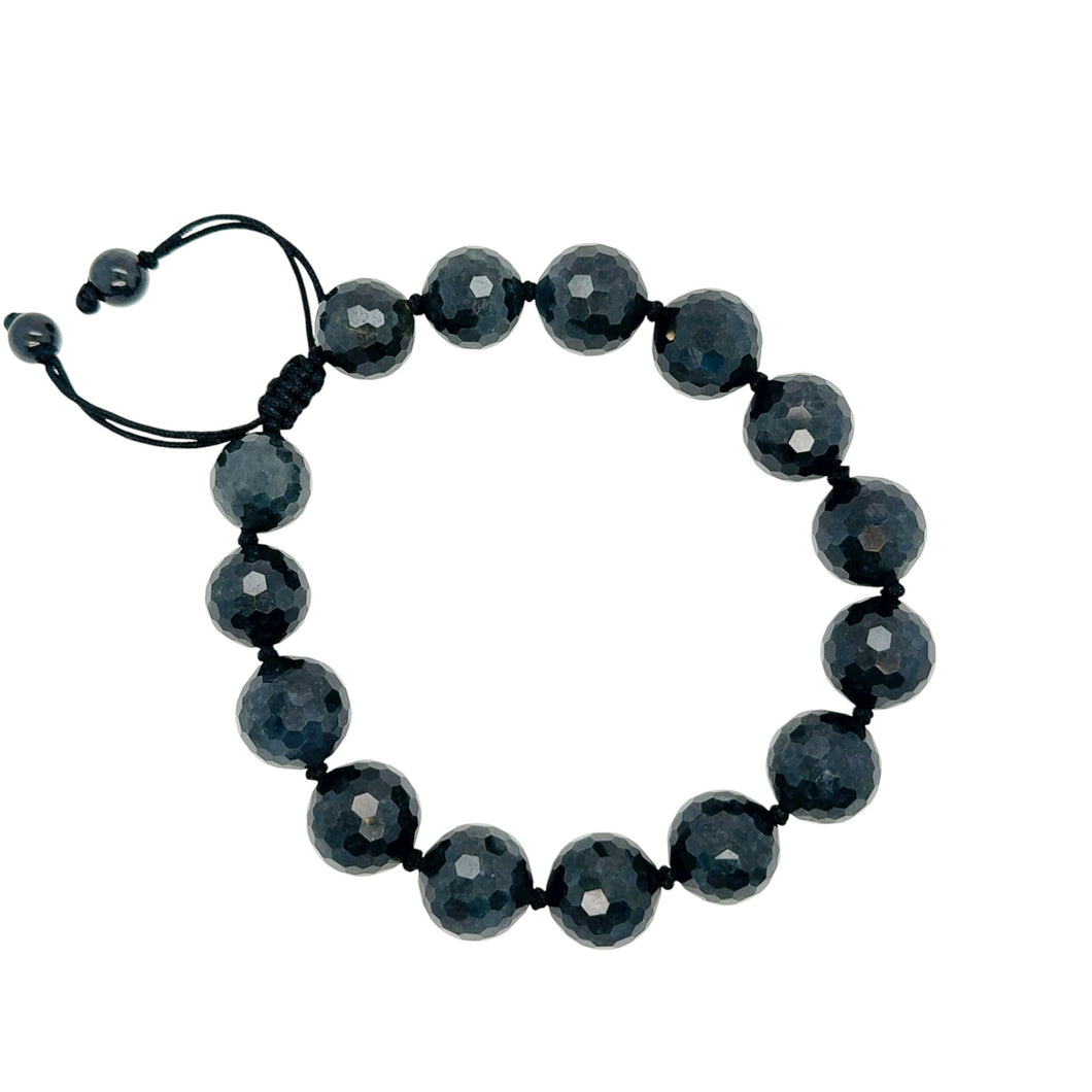 Burmese Faceted 12mm Black Jadeite Men's Silk Bracelet