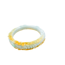 Burmese Honey Gray Jadeite Carved Bat & Money Coins, Bamboo Comfort Fit Bangle