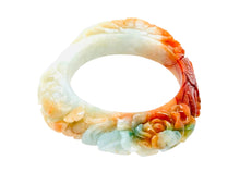 Burmese Tri Color Jadeite Phoenix, Peony Garden Storyboard Asymmetrical Comfort Fit Bangle