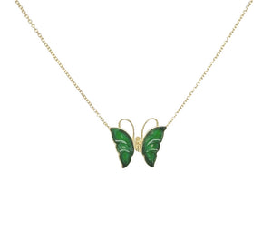 18kt YG Burmese Emerald Green Jadeite Articulating Butterfly Necklace