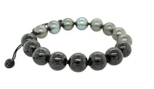 10mm Burmese Black Jadeite w/Tahitian Peacock South Sea Pearl Yin & Yang Silk Bracelet