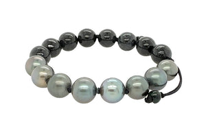 10mm Burmese Black Jadeite w/Tahitian Peacock South Sea Pearl Yin & Yang Silk Bracelet