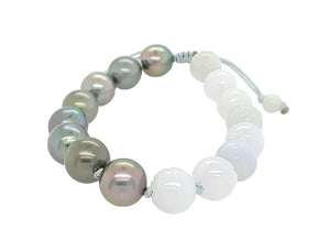 10mm Burmese Pastel Jadeite Carved Lotus w/Peacock Tahitian Black South Sea Pearl Yin & Yang Silk Bracelet