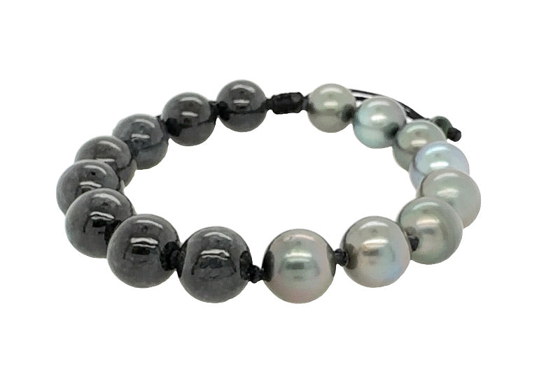 10mm Burmese Black Jadeite w/Tahitian Peacock South Sea Pearl Yin & Yang Silk Bracelet