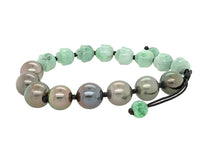 10mm Burmese Green Jadeite Carved Lotus w/Peacock Tahitian Black South Sea Pearl Yin & Yang Silk Bracelet