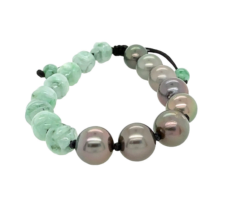 10mm Burmese Green Jadeite Carved Lotus w/Peacock Tahitian Black South Sea Pearl Yin & Yang Silk Bracelet