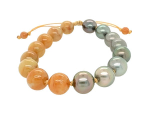 10mm Burmese Red Orange Jadeite w/Silver Peacock Tahitian Black South Sea Pearl Yin & Yang Silk Bracelet