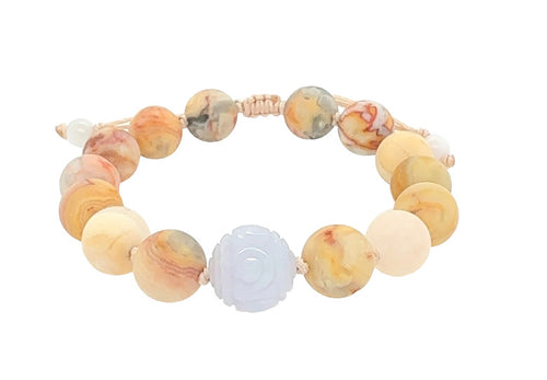 Burmese Tri Colored Jadeite Carved Clouds w/Matte Finished Agate Men's Mala Silk Bracelet