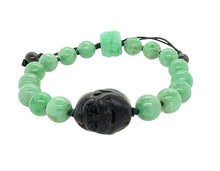 Burmese Matte Finish Black Jadeite Warrior Paired w/Burmese Apple Green Jadeite & Carved Storyboard Drum Men's Mala Silk Bracelet