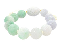 15mm Burmese Pastel Icy Jadeite Clouds, Double Dragon and Coins Mala Silk Bracelet