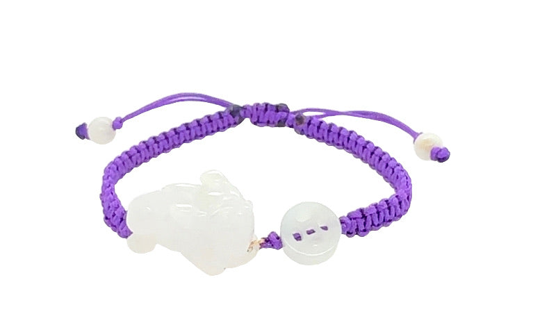 14kt YG Burmese Jadeite Three Legged Money Toad & Coin Gambling Silk Bracelet