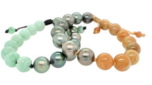 10mm Burmese Red Orange Jadeite w/Silver Peacock Tahitian Black South Sea Pearl Yin & Yang Silk Bracelet