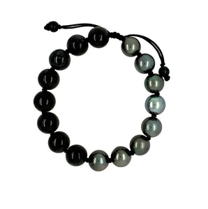 10mm Burmese Black Jadeite w/Tahitian Peacock South Sea Pearl Yin & Yang Silk Bracelet