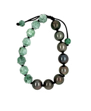 10mm Burmese Green Jadeite Carved Lotus w/Peacock Tahitian Black South Sea Pearl Yin & Yang Silk Bracelet