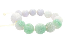 15mm Burmese Pastel Icy Jadeite Clouds, Double Dragon and Coins Mala Silk Bracelet