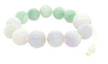 15mm Burmese Pastel Icy Jadeite Clouds, Double Dragon and Coins Mala Silk Bracelet