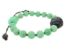 Burmese Matte Finish Black Jadeite Warrior Paired w/Burmese Apple Green Jadeite & Carved Storyboard Drum Men's Mala Silk Bracelet