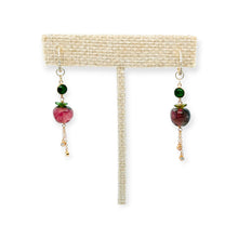 14kt YG Burmese Elementals Green Jadeite 3mm Baqua, Watermelon Tourmaline Apples, Diamond Drops & Huggie Earrings