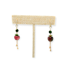 14kt YG Burmese Elementals Green Jadeite 3mm Baqua, Watermelon Tourmaline Apples, Diamond Drops & Huggie Earrings