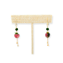 14kt YG Burmese Elementals Green Jadeite 3mm Baqua, Watermelon Tourmaline Apples, Diamond Drops & Huggie Earrings