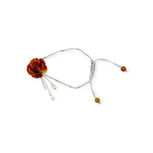 14kt WG Burmese Red Jadeite Peony, Mixed Shape Diamond Drops on an Adjustable Foxtail Chain/Silk Bracelet
