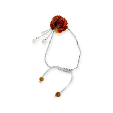 14kt WG Burmese Red Jadeite Peony, Mixed Shape Diamond Drops on an Adjustable Foxtail Chain/Silk Bracelet