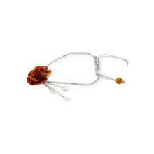 14kt WG Burmese Red Jadeite Peony, Mixed Shape Diamond Drops on an Adjustable Foxtail Chain/Silk Bracelet