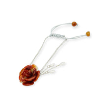 14kt WG Burmese Red Jadeite Peony, Mixed Shape Diamond Drops on an Adjustable Foxtail Chain/Silk Bracelet