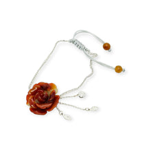 14kt WG Burmese Red Jadeite Peony, Mixed Shape Diamond Drops on an Adjustable Foxtail Chain/Silk Bracelet