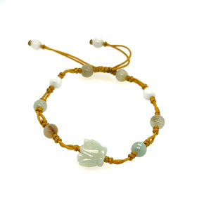 Burmese Jadeite Lotus Blossom & Happiness Mala Silk Bracelet