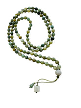 5mm Burmese Camo Green Jadeite Mala Paired w/Lotus Bud, Buddha's Heart & Gourd