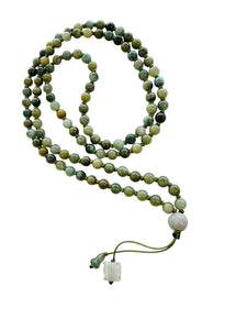 5mm Burmese Camo Green Jadeite Mala Paired w/Lotus Bud, Buddha's Heart & Gourd
