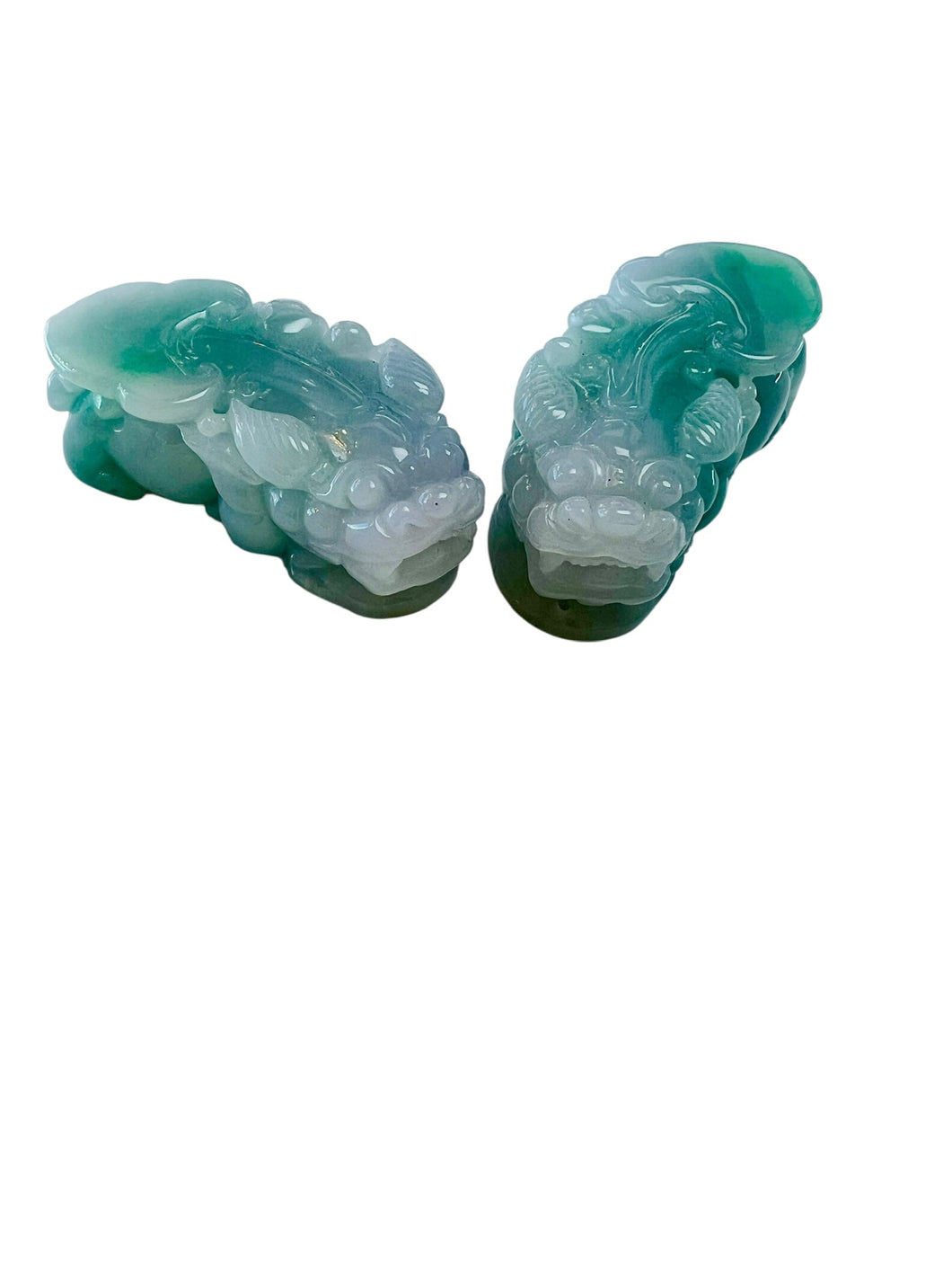 Burmese Sea Foam Blue Jadeite Fu Lion Dog Carvings