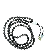 5mm Burmese Black Jadeite Mala Paired w/Gray White Lotus & Feathers