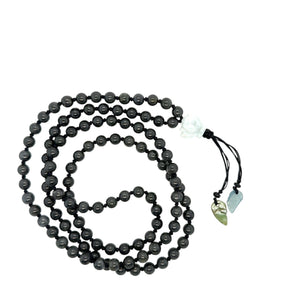 5mm Burmese Black Jadeite Mala Paired w/Gray White Lotus & Feathers