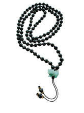 5mm Burmese Black Jadeite Mala Paired w/Emerald Green Jadeite Fu Lion & 24kt Hand Granulated Roundels