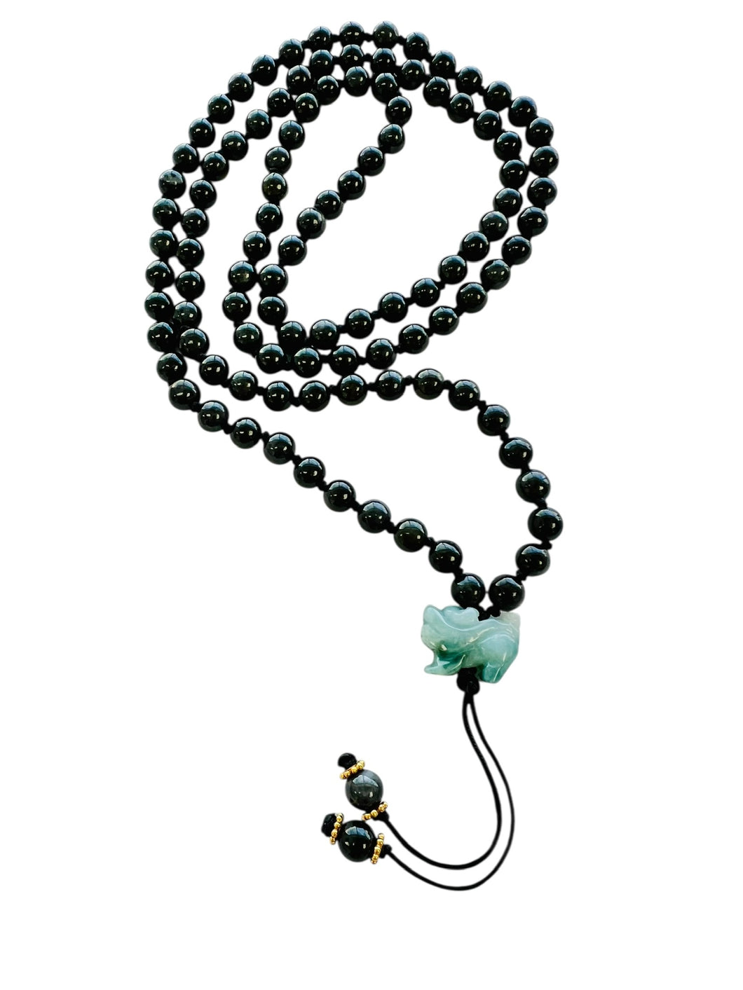 5mm Burmese Black Jadeite Mala Paired w/Emerald Green Jadeite Fu Lion & 24kt Hand Granulated Roundels